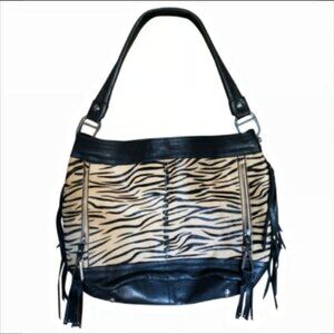 NWOT B. Makowsky HOBO Black & Tan Tiger Striped Animal Print Shoulder Bag Purse